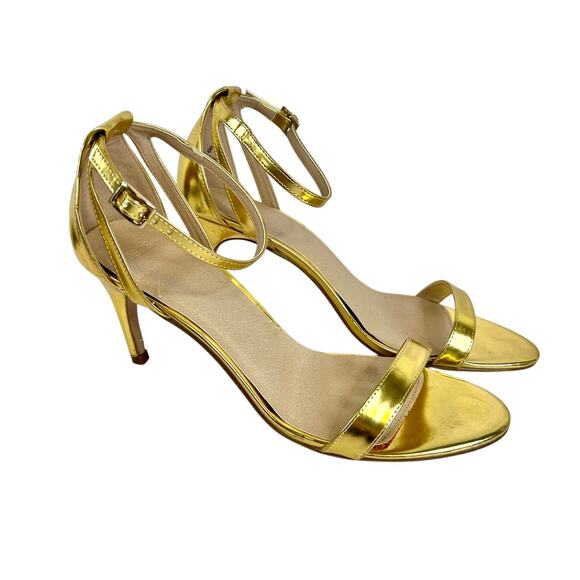 ASOS Size 8 Gold Shiny 3 Inch Ankle Strap Heels Open Toe - Picture 1 of 15